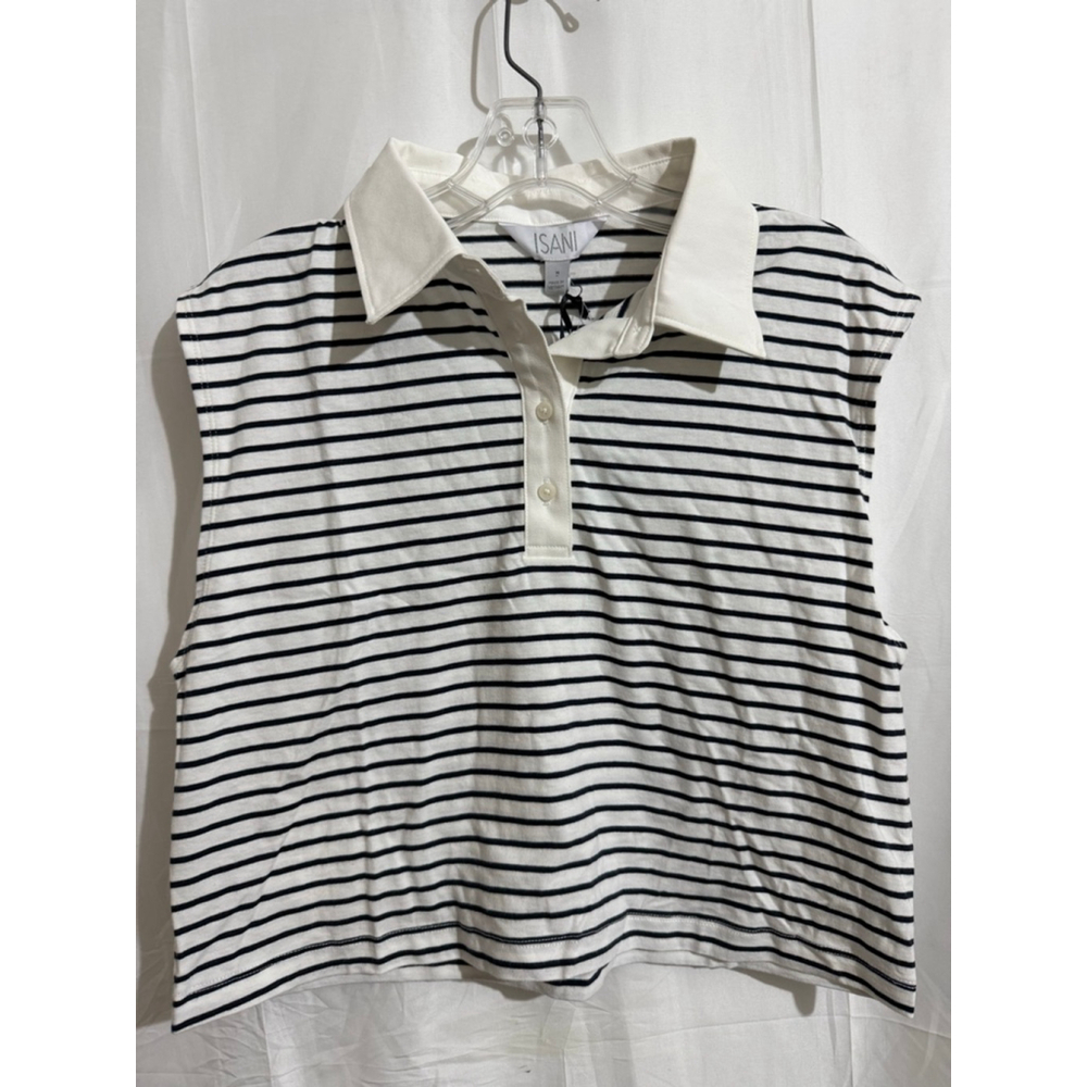 Women's Isani Off-White Black Stripe Sleeveless Collared Knit Top M